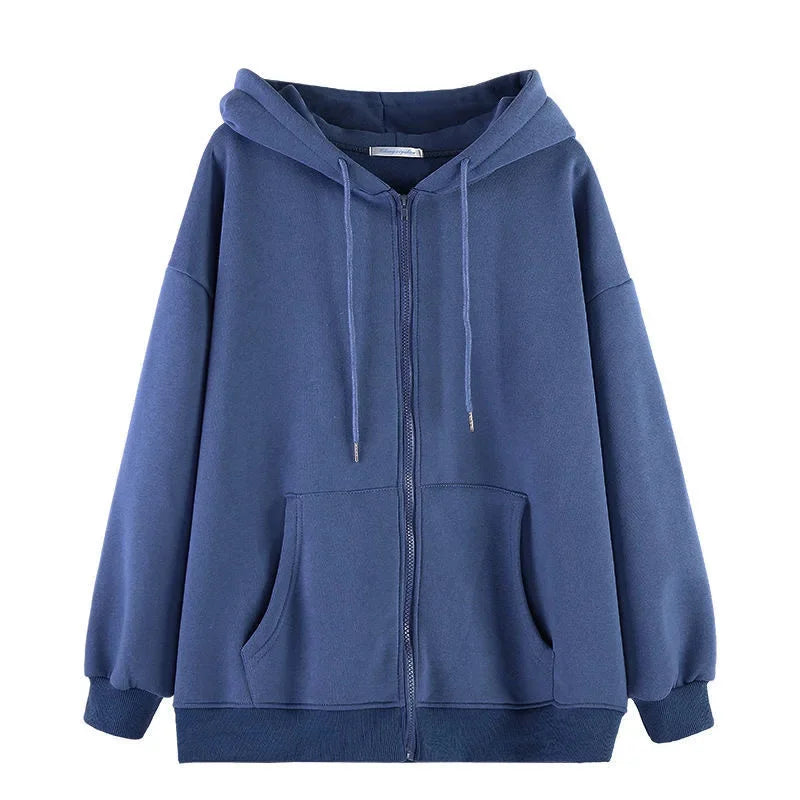 Loose Women Hoodies Casual Solid Zip Up Hooded Sweatshirt Harajuku Korean Loose Couple Hoodie Jacket Coat Streetwear