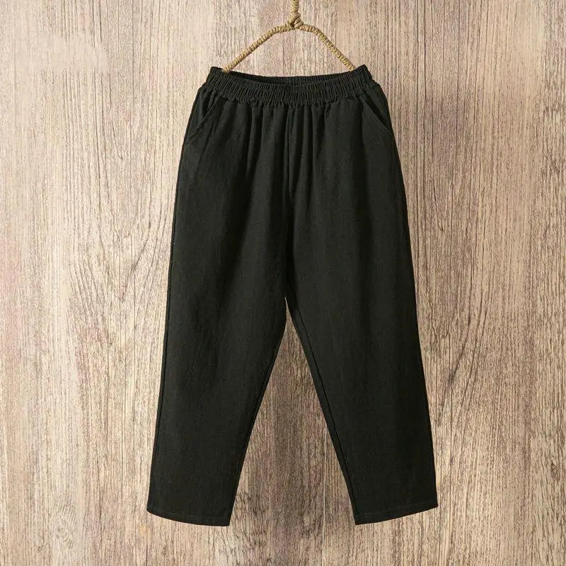 Women Summer Casual Loose Harem Elastic Waist Cotton Linen Pants Ninth Trousers