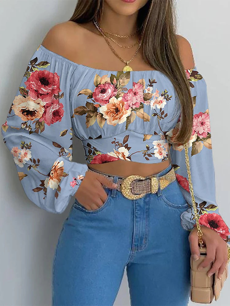 Women Sexy Off Shoulder Printing Blouses Chic and Elegant Lantern Long Sleeve Lace Up Bow Cropped Tops Casual Slim Shirts 2023