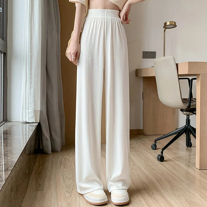 2024 Spring Summer Ice Silk Wide Leg Pants for Women Korean Thin Chiffon High Waist Saggy Loose Straight Casual Fashion Trousers