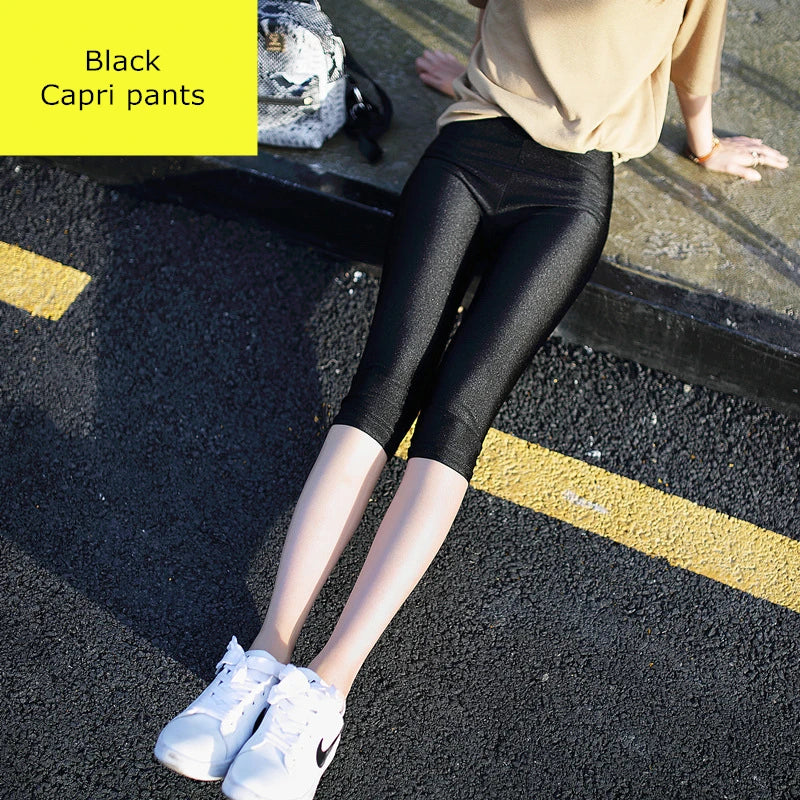 Spring Autumn Glossy Pants Women Shining Frosted Black High Waist Super Stretchy Soft Yoga Gym Leggings Body Shaping Pencil Pant