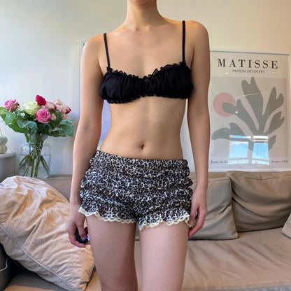 Leopard Print Ruffle Shorts 00s Retro Elastic Waist Short Pants Fairy Coquette Kawaii Lace Trim Ruched Knickers Women Bottom