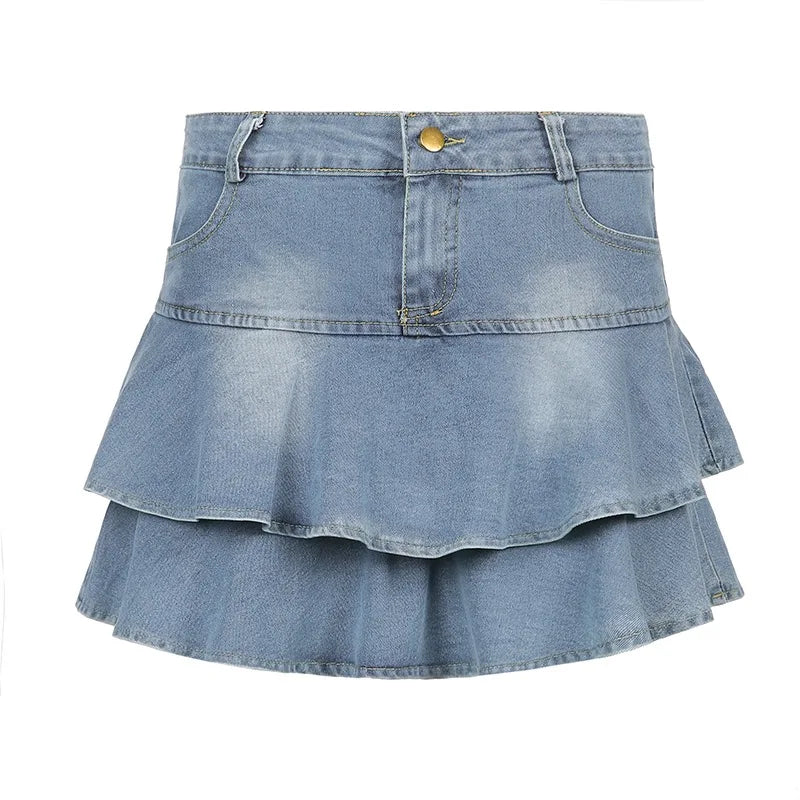 DEEPTOWN Vintage Denim Skirt Shorts Women Summer Korean Fashion High Waist A-line Slim Cute Sexy Mini Jean Ruffle Skirt Female