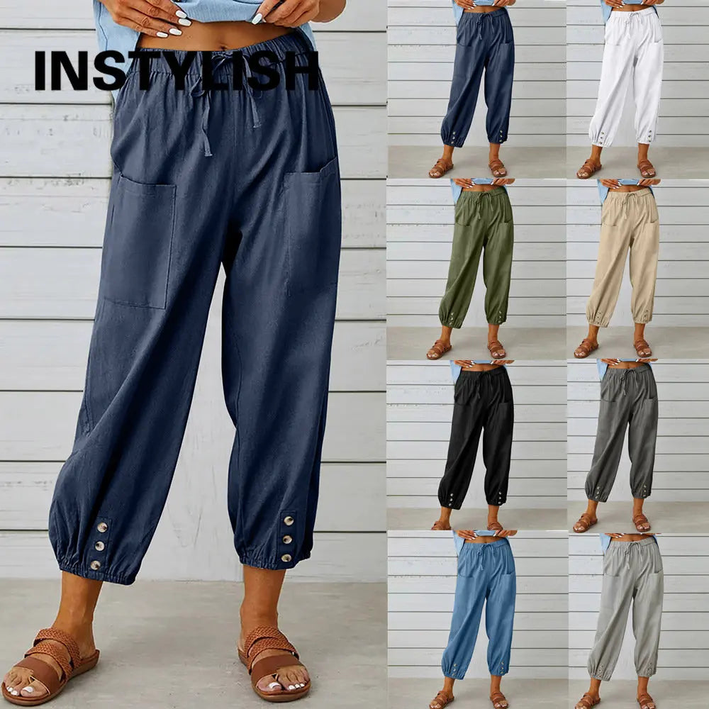 Women Cotton Linen Pants 2023 Autumn Solid Color Elastic Waist Loose Straight Trousers Female Harajuku High Waist Wide Leg Pants