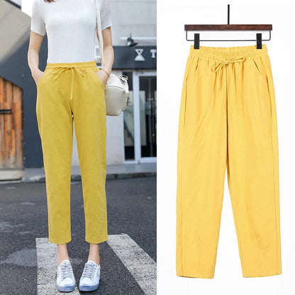 Womens Spring Summer Pants Cotton Linen Solid Elastic waist Candy Colors Harem Trousers Casual Female Pants