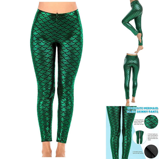 Women's Mermaid Legging In Shiny Green Fish Scale Design High Waisted Stretch Pants For Casual And Party Wear