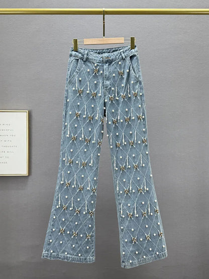 Women Jeans High Waist Embroidered Flares Plaid Pearls Straight Beading Pendant Denim Pants 2025 Autumn New Fashion