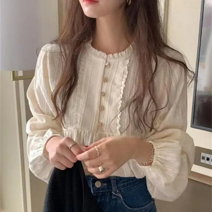 Deeptown Lace Buttons Vintage Women's Blouses Long Sleeve Preppy Shirts Female Loose Korean Fashion Chic Sweet Elegant Spring