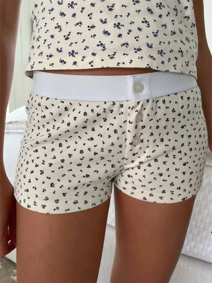 Women's Casual Elastic Shorts Solid Color/Floral/Heart Print Low Waist Button Short Pants Loungewear Summer Bottoms Y2K