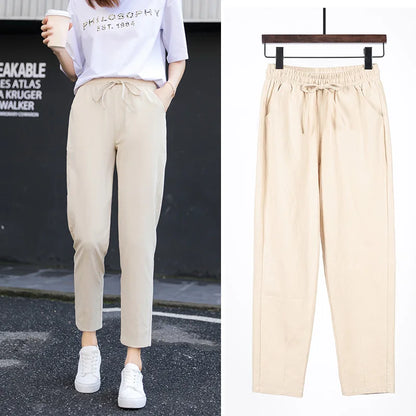 Womens Spring Summer Pants Cotton Linen Solid Elastic waist Candy Colors Harem Trousers Casual Female Pants