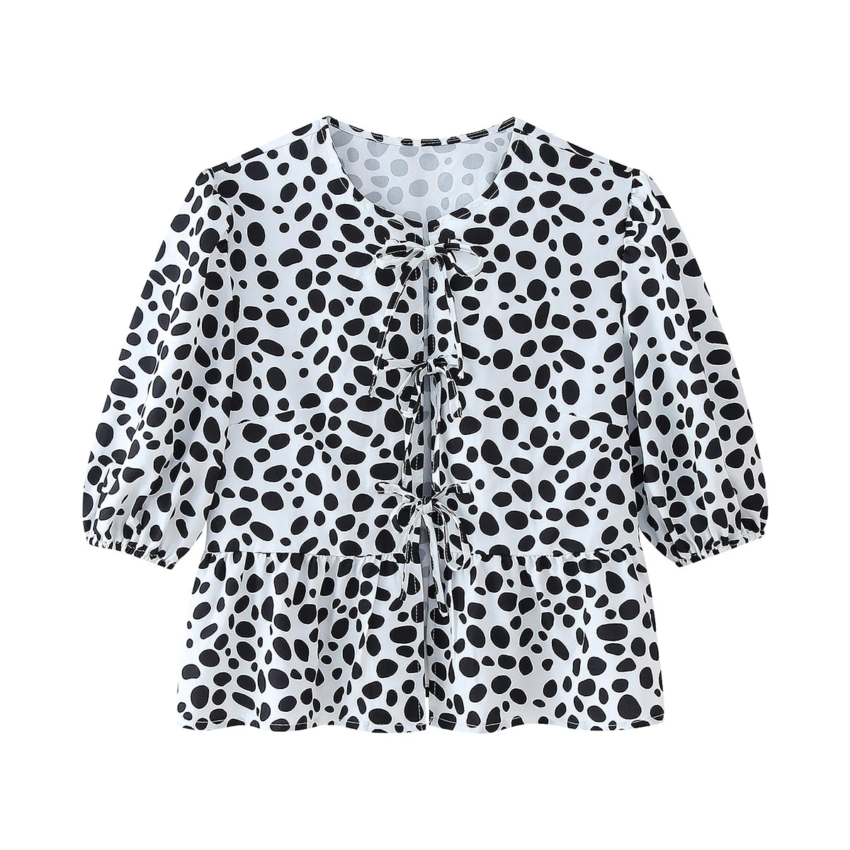 Summer Shirt With Strap Lace-up Leopard Blouse Puff Sleeve Crop Top Women's Summer Clothing