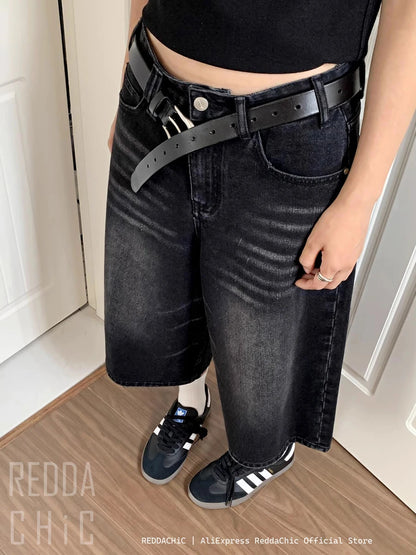 REDDACHiC Retro Y2k Baggy Jorts Women Men Whiskers Black Jeans Low Waist Casual Wide Pants Frayed Denim Shorts Big Size Clothes