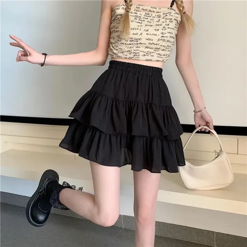 White Ruffles Mini Skirt Women Kawaii Elastic Waist A-line Loose Preppy Style Cute Short Pleated Skirt Korean Fashion