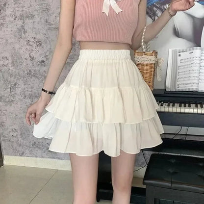 White Ruffles Mini Skirt Women Kawaii Elastic Waist A-line Loose Preppy Style Cute Short Pleated Skirt Korean Fashion