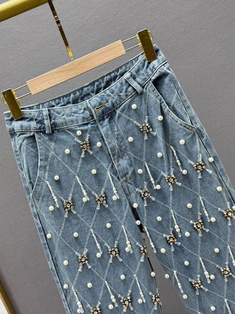 Women Jeans High Waist Embroidered Flares Plaid Pearls Straight Beading Pendant Denim Pants 2025 Autumn New Fashion