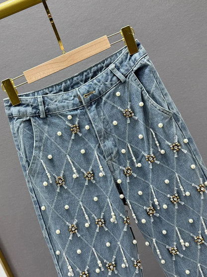 Women Jeans High Waist Embroidered Flares Plaid Pearls Straight Beading Pendant Denim Pants 2025 Autumn New Fashion