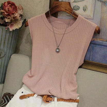 1pcs Summer New Fashion Knitted Vests O-neck Sleeveless Casual Thin Tops