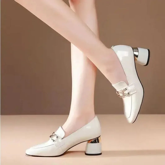 Square Heel Metal Chain Pumps Loafer Women Shoes Fashion Slip on Slipper Luxury Design Casual Mary Janes Shoes Spring Summer