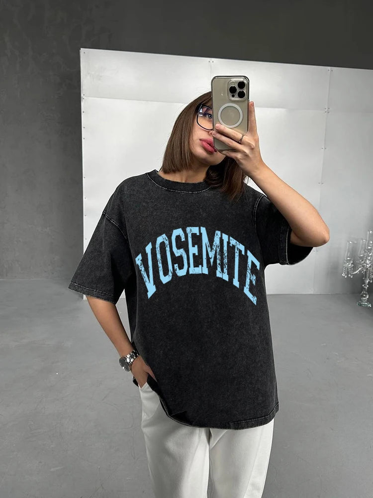 Hirsionsan Acid Washed T Shirt Women Vintage Cotton T-shirts Streetwear Soft Mineral Tees Girl Loose Luxury Brand Tops Y2k