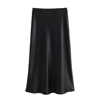 Willshela Women Fashion Satin Solid Pleated Midi Skirt Vintage Mid Elastic Waist Female Chic Lady Skirts