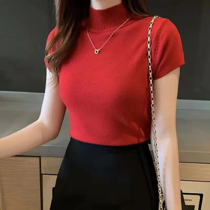 Women's Half-High Neck T-Shirt Fashion Jumper Casual Tops Korean Style Elegant Solid-Coloured Clothing Spring And Summer Season