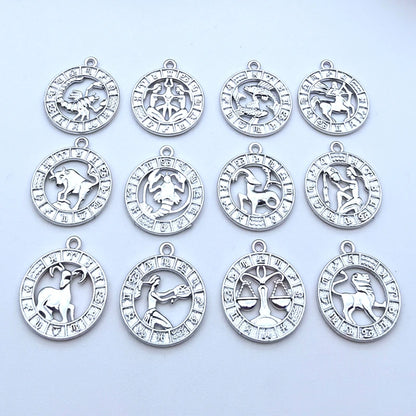 12pcs Silver 24x21mm Twelve Constellations Pendant ,Suitable for DIY Handmade Metal Astrology Jewelry Making Accessories