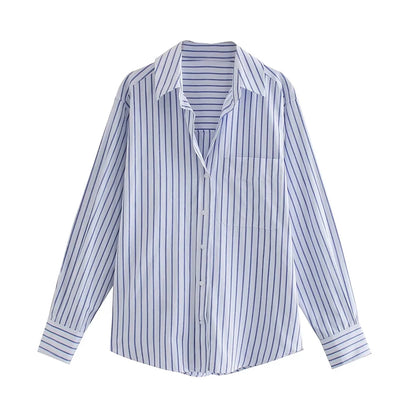 TRAF-Striped Loose Shirts With Pocket for Women, Long Sleeve, Button-up Blouses, Chic Tops, Female Fashion