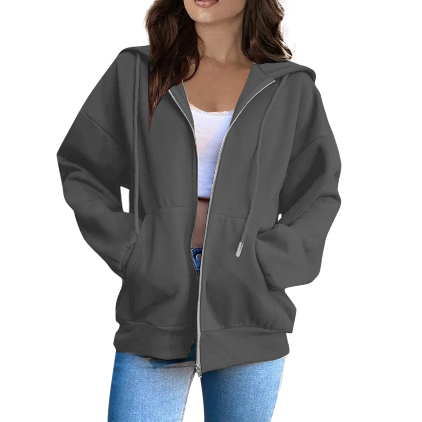 Women's Casual Fashion Solid Color Long Sleeved Zippered Hooded Sweatshirt