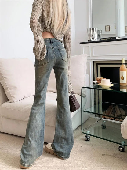 150 Petite girls wash made old micro flared jeans High waisted straight leg narrow version horseshoe pants xs show height