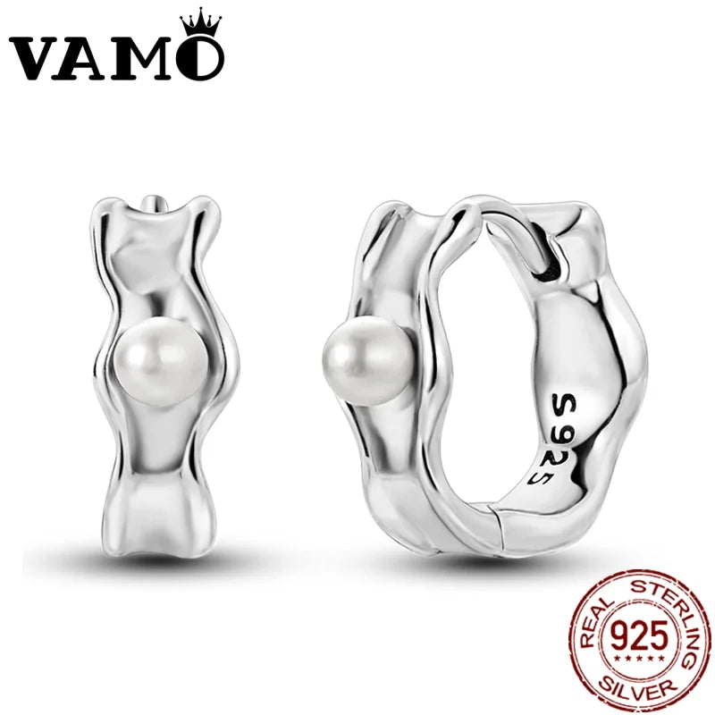 VAMO 925 Sterling Silver Women Earrings Liquid Pearls Ear Studs Sparkling CZ Zircon Earring Anniversary Lover Wedding Gift