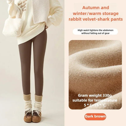 New Autumn Winter Rabbit Fleece Sharkskin Leggings Women Thicken Warm Leggings Brown Fleece Lined Tights Pantalones De Mujer