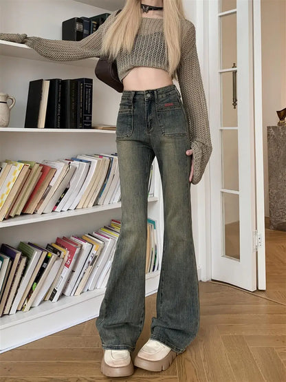 150 Petite girls wash made old micro flared jeans High waisted straight leg narrow version horseshoe pants xs show height