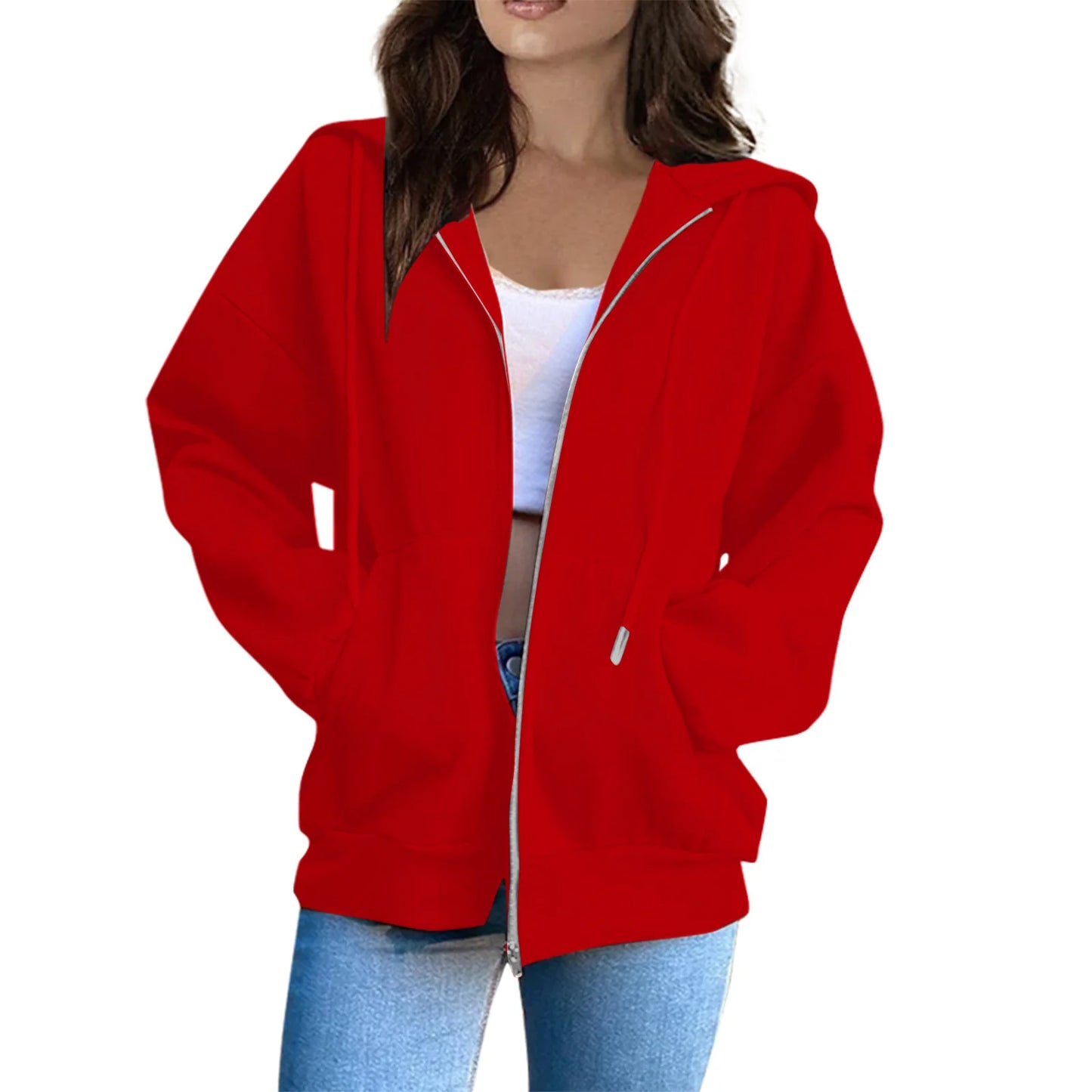 Women's Casual Fashion Solid Color Long Sleeved Zippered Hooded Sweatshirt