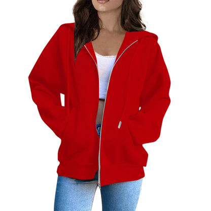 Women's Casual Fashion Solid Color Long Sleeved Zippered Hooded Sweatshirt