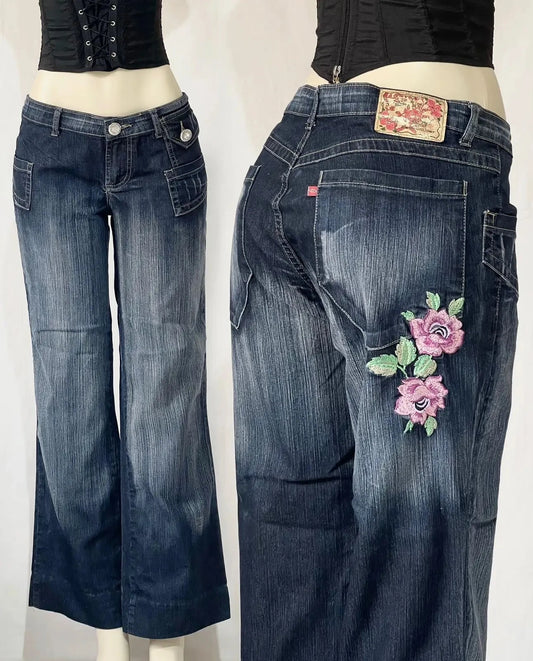 Classic Washed Solid Baggy Jeans High Street Pocket Embroidery Flower Design Wide Leg Pants Y2k Fashionable Flare Jeans