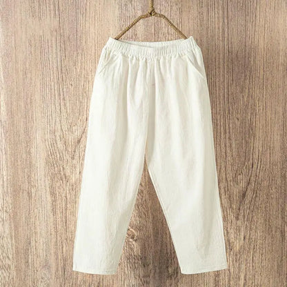 Women Summer Casual Loose Harem Elastic Waist Cotton Linen Pants Ninth Trousers