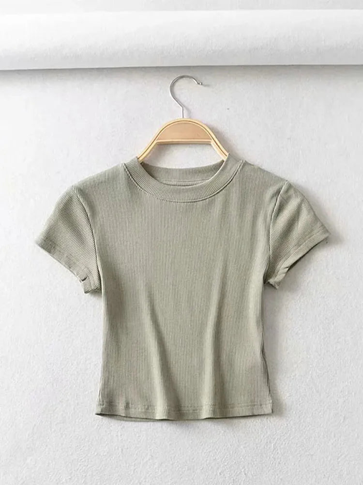 Summer Sexy Women O-neck Short-sleeve T-shirt Slim Elastic Skinny Crop Tops