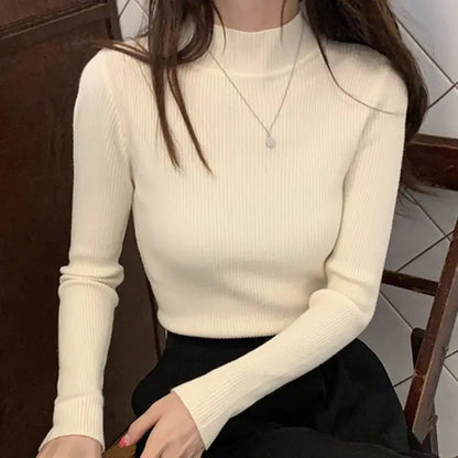 Autumn Winter Mock Neck Women Sweater Vintage Basic Solid Knitted Tops Casual Slim Pullover Korean Sweaters Simple Chic Jumpers