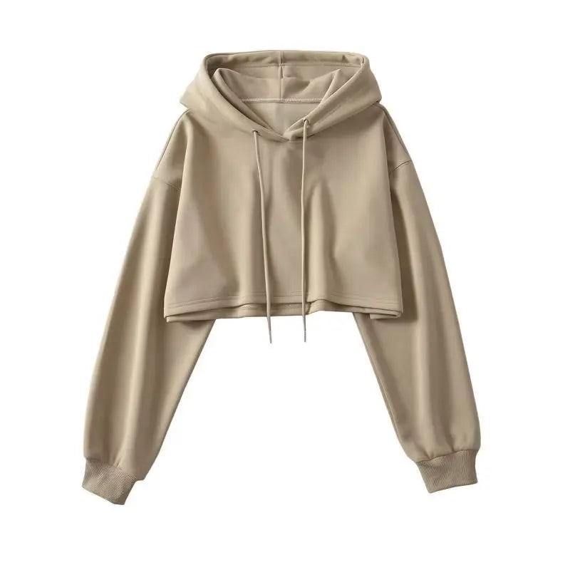 Sexy Short Hooded Sweatshirts Women Fashion Solid Color Long Sleeve Crop Tops Korean Streetwear Pullover Hoodies Female