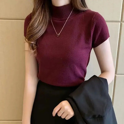 Women's Half-High Neck T-Shirt Fashion Jumper Casual Tops Korean Style Elegant Solid-Coloured Clothing Spring And Summer Season