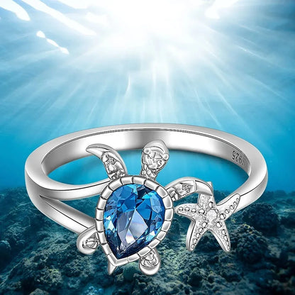 New Simple Niche Sea Turtle Starfish Ring Women's Blue Topaz Cute Ocean Animal Square Crystal Zircon Ring Party Gift Accessories