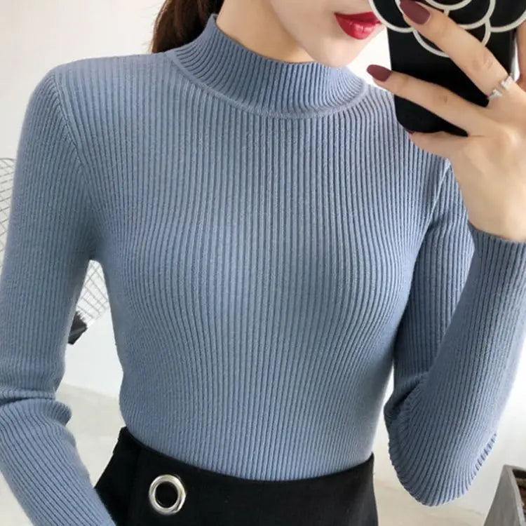 Autumn Winter Mock Neck Women Sweater Vintage Basic Solid Knitted Tops Casual Slim Pullover Korean Sweaters Simple Chic Jumpers