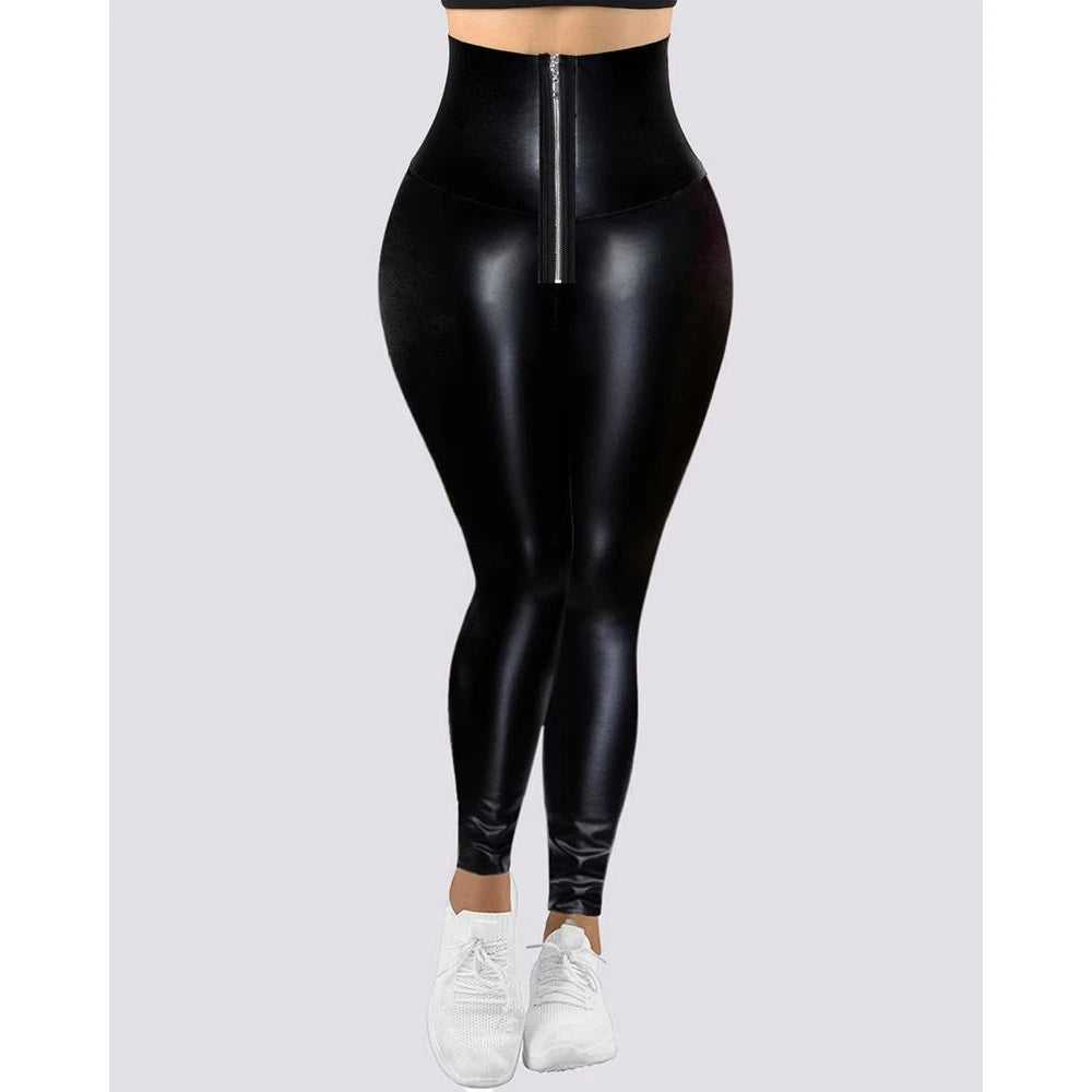 Korean Fashion High Waist Tummy Control Butt Lift PU Leather Leggings Outwear Skinny Pants Female Casual Trousers Streetwear