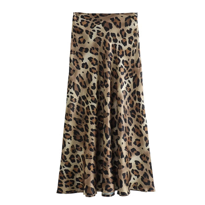 TRAFZA 2024 Women Fashion Leopard Print Skirt Vintage High Waist Midi Skirts Elegant Women Summer Casual Streetwear Skirt