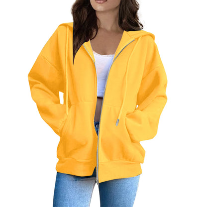 Women's Casual Fashion Solid Color Long Sleeved Zippered Hooded Sweatshirt