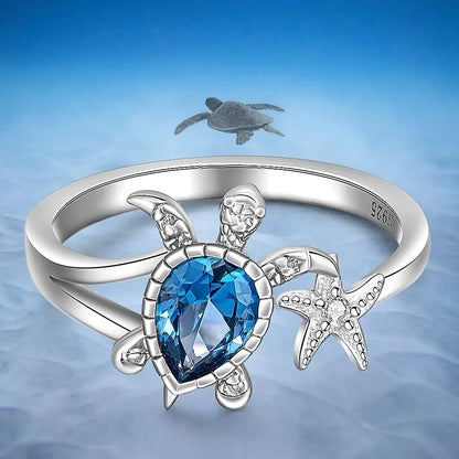 New Simple Niche Sea Turtle Starfish Ring Women's Blue Topaz Cute Ocean Animal Square Crystal Zircon Ring Party Gift Accessories