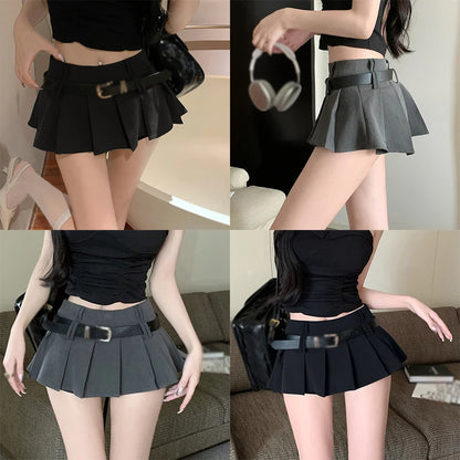 Women's High Waist Short Skirt Sexy and Fashionable Spicy Girl A-line Pleated Skirt with Belt Half length Skirt