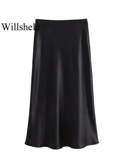 Willshela Women Fashion Satin Solid Pleated Midi Skirt Vintage Mid Elastic Waist Female Chic Lady Skirts