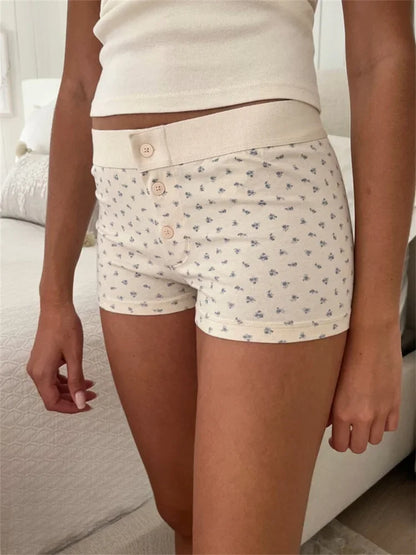 Women's Casual Elastic Shorts Solid Color/Floral/Heart Print Low Waist Button Short Pants Loungewear Summer Bottoms Y2K