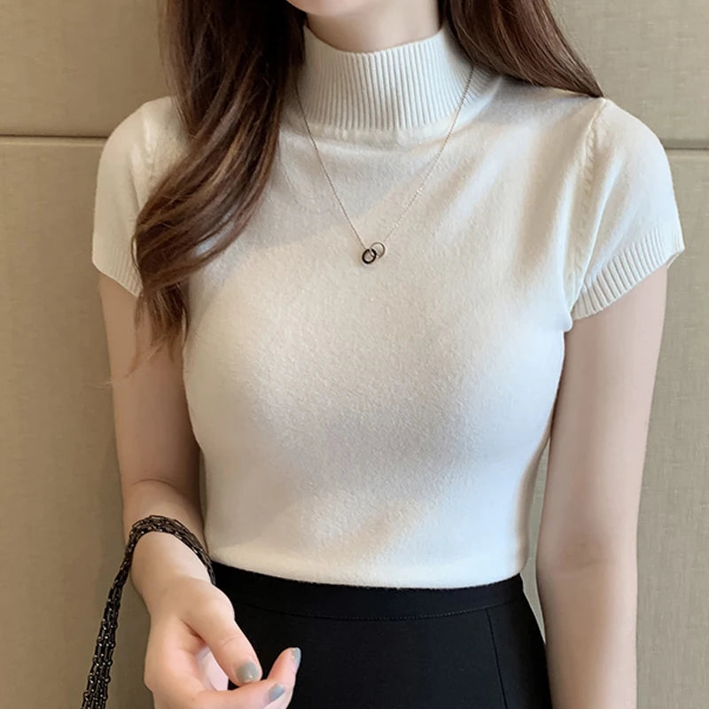 Casual Women Clothing Korean Knitted Women Top Blusas Mujer De Moda Spring Summer New Solid Slim Turtleneck Blouse Blusas 8622